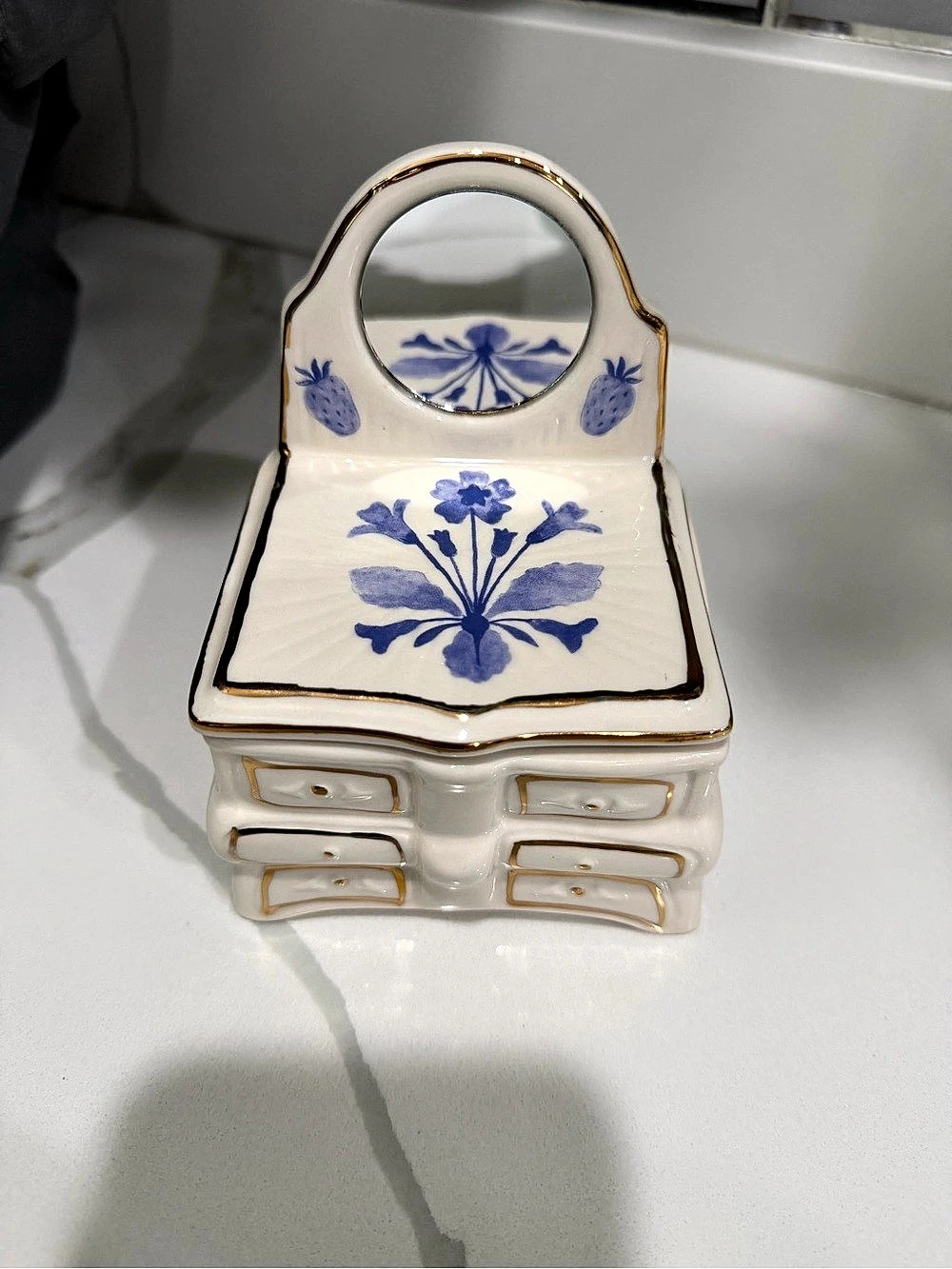 Vintage White & Blue Floral Ceramic Decor Jewelry Box